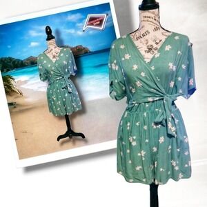 Lush Retro Cottage Green Floral Wrap Romper Shorts, Large